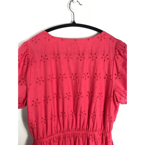 J. Crew Midi Dress Women's 8 Pink V Neck Puff Sleeve Eyelet Tiered Feminine - Picture 10 of 13